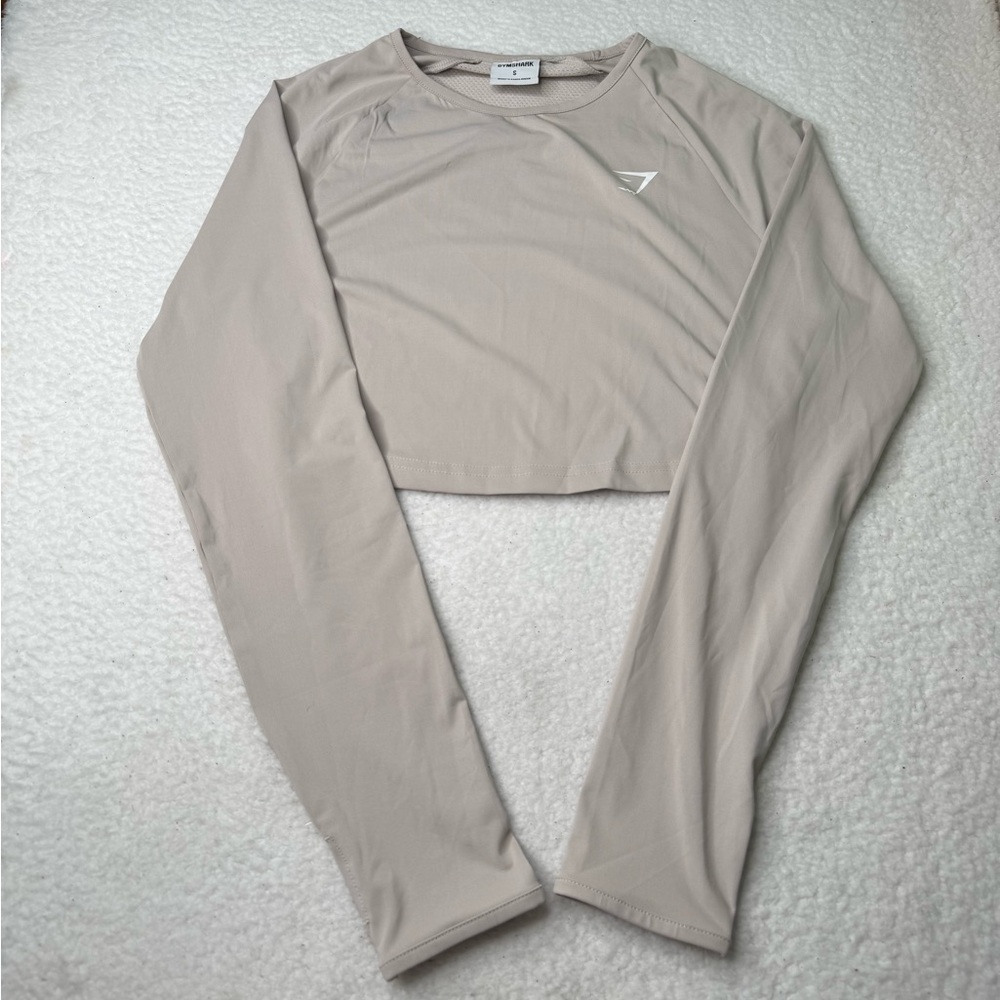 Gymshark Women's Shirt Cropped‎ Long Sleeve Beige Sz S Workout Casual Activewear